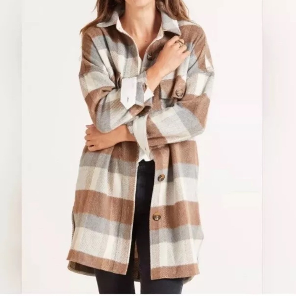 Evereve Raye Plaid Shacket‎ Brown And Cream Tones Size XS POCKETS